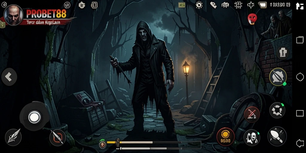 Tampilan gameplay PROBET88 yang mencekam dengan efek suara menyeramkan.