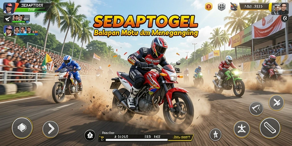 Tangkapan layar gameplay SEDAPTOGEL menampilkan balapan motor yang mendebarkan.