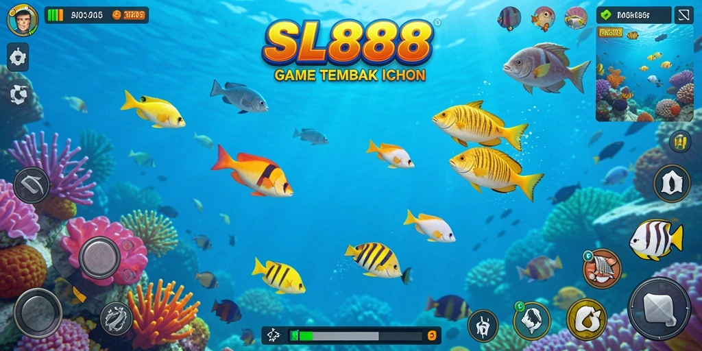 Tampilan utama gameplay Tembak Ikan SL888 dengan berbagai ikan dan senjata.